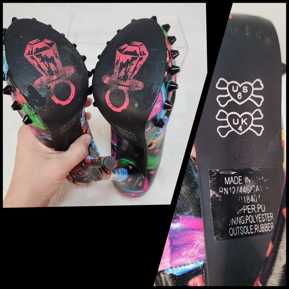 Vintage Y2k Iron Fist Scene Kidcore Whimsigoth Studded Heels 6 Black Peep Toe - Picture 8 of 8